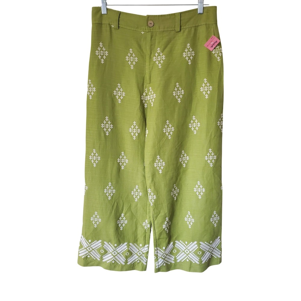 Calypso St Barth Womens‎ Lime Green Embroidered Linen Blend Wide Leg Pants Large